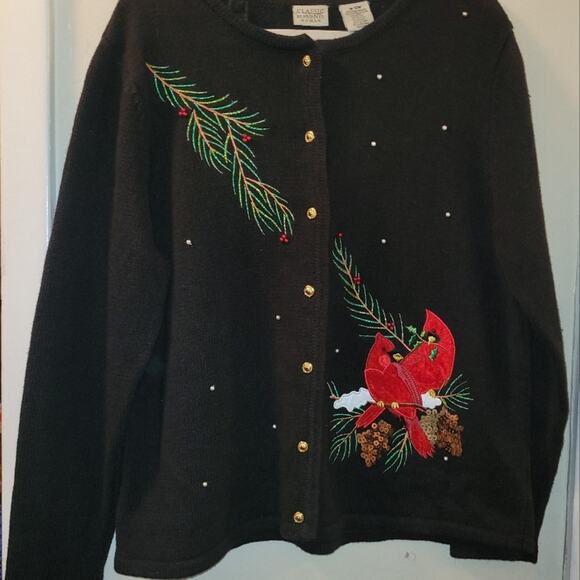 Vintage Womens Black Cardigan Sweater with Cardinal Embroidery Size 16-18W - Picture 1 of 8